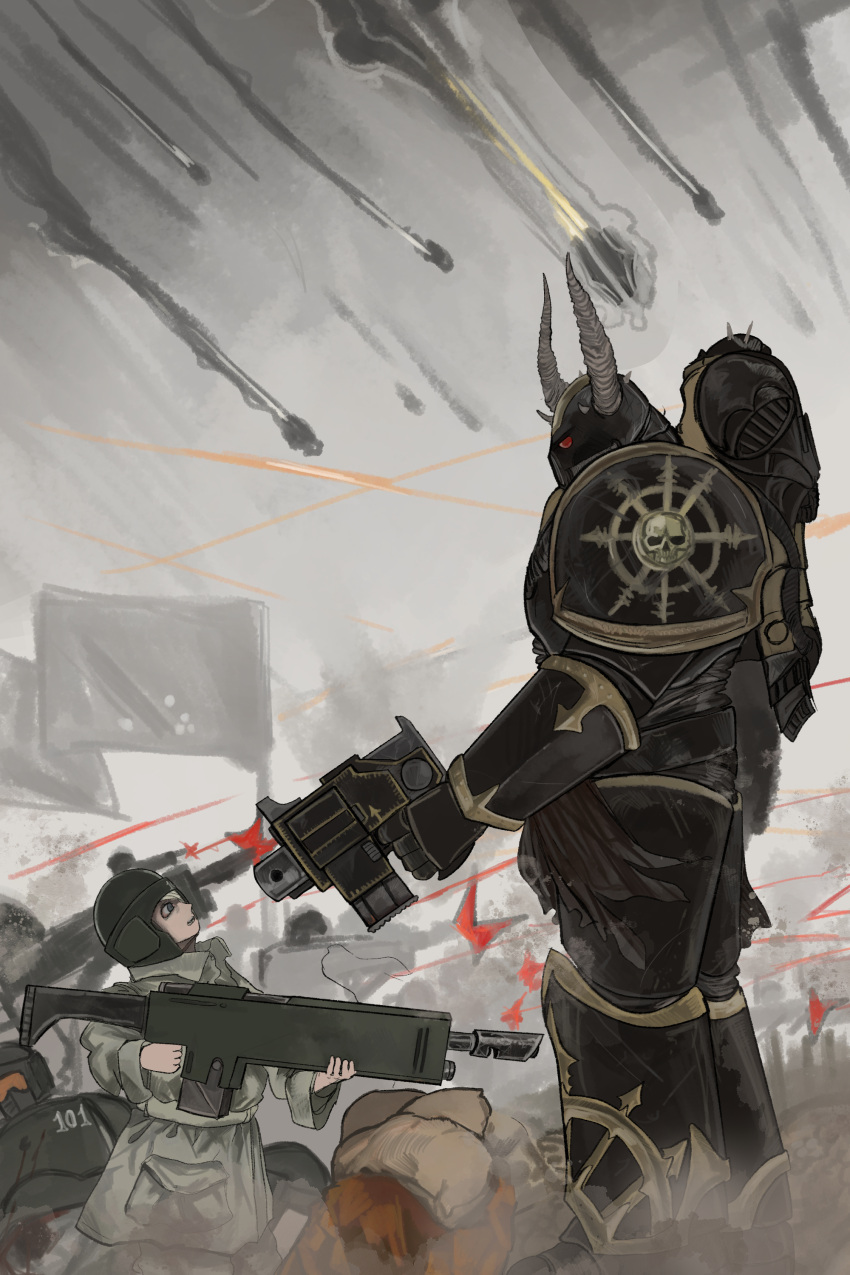 3boys, absurdres, adeptus_astartes, armor, astra_militarum, backpack, bag, battle