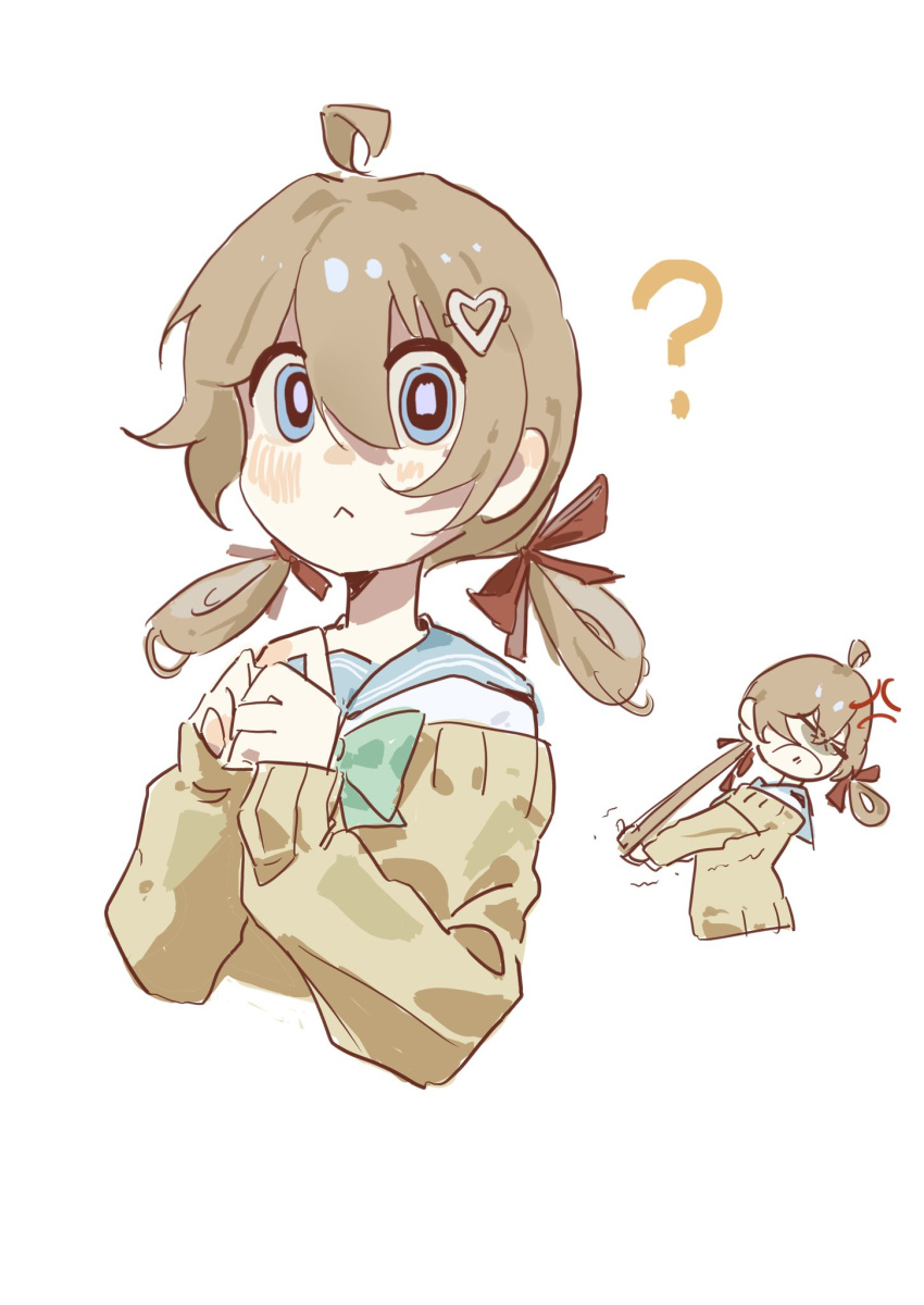 1girl, :<, ?, ahoge, anger_vein, blue_eyes, blue_sailor_collar, brown_hair