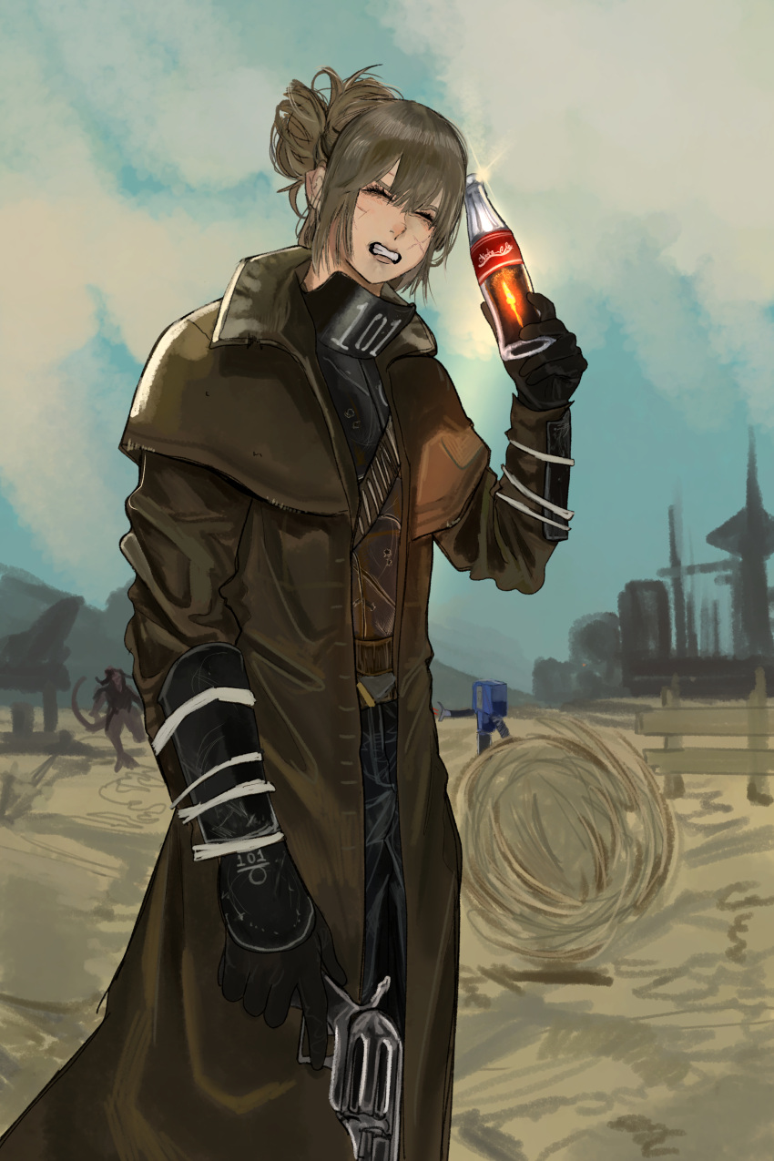 1girl, absurdres, black_gloves, blonde_hair, body_armor, bottle, bracer, clenched_teeth