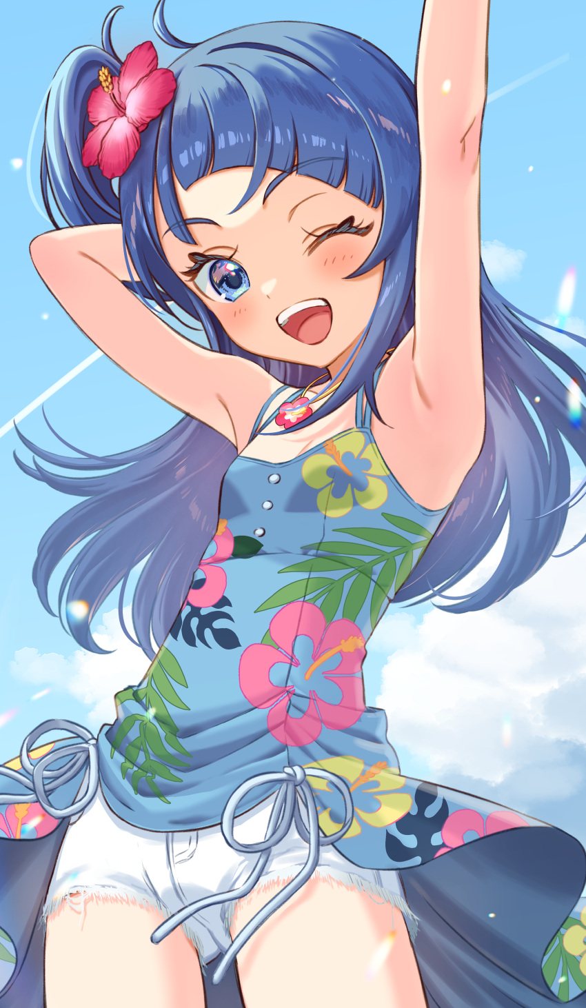 1girl, ;d, absurdres, alternate_costume, alternate_hairstyle, arm_behind_head, arm_up, blue_dress