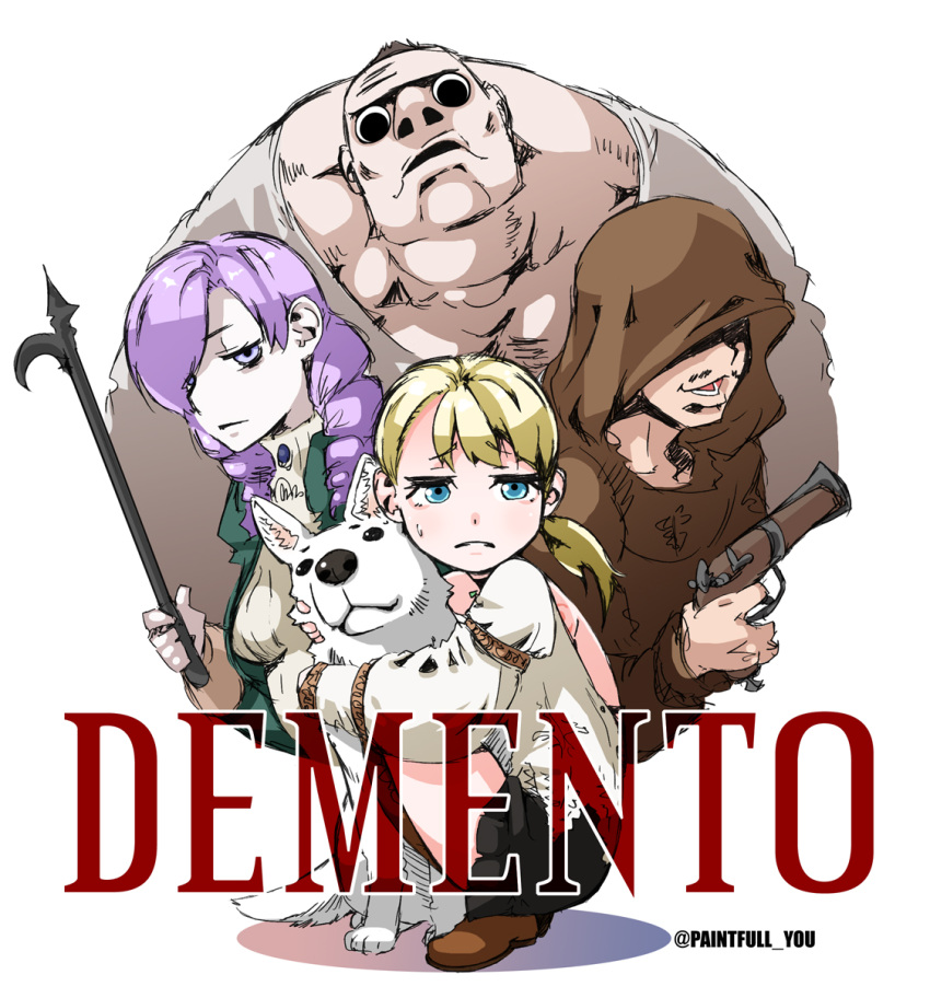2boys, 2girls, blonde_hair, blouse, blue_eyes, boots, breasts, brooch, choker, closed_mouth, copyright_name, daniella, debilitas, demento, dog, drill_hair, fiona_belli, frown, gun, hair_over_one_eye, hewie, highres, holding, holding_gun, holding_weapon, jewelry, long_hair, looking_at_viewer, miniskirt, multiple_boys, multiple_girls, okirakujuraku, open_mouth, ponytail, purple_hair, riccardo_lorenzo, shirt, short_hair, skirt, smile, weapon