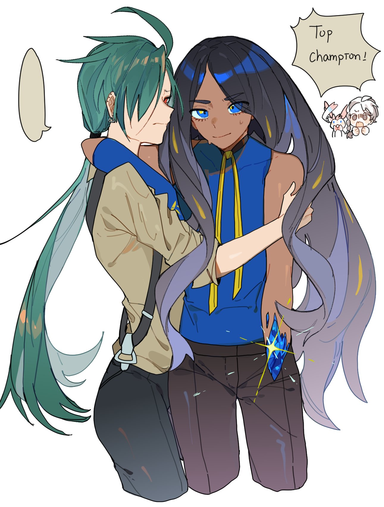 2girls, ahoge, arm_around_neck, black_hair, black_pants, blank_speech_bubble, blue_eyes, blue_shirt