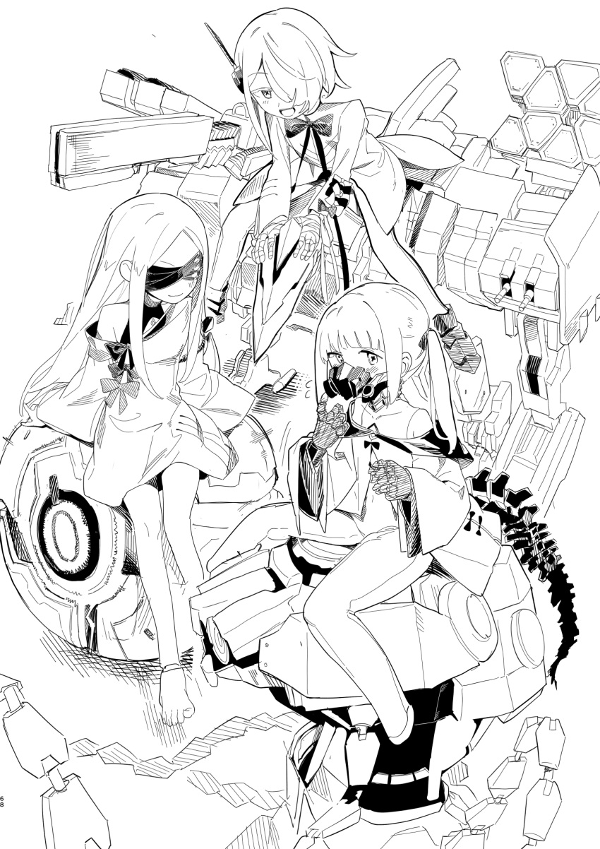 3girls, bandaged_hand, bandages, bare_shoulders, barefoot, black_blindfold, blindfold, blue_archive