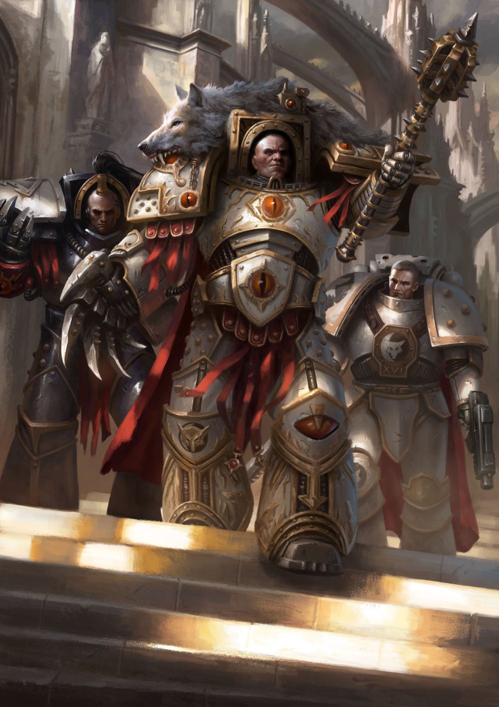 3boys, adeptus_astartes, arch, architecture, armor, armored_boots, bald, black_armor