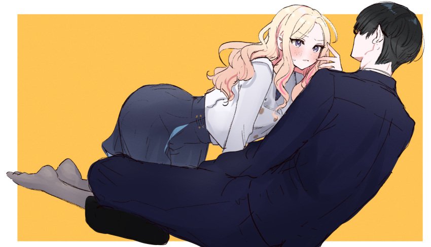 1boy, 1girl, black-framed_eyewear, black_hair, black_suit, blonde_hair, blue_skirt, blush