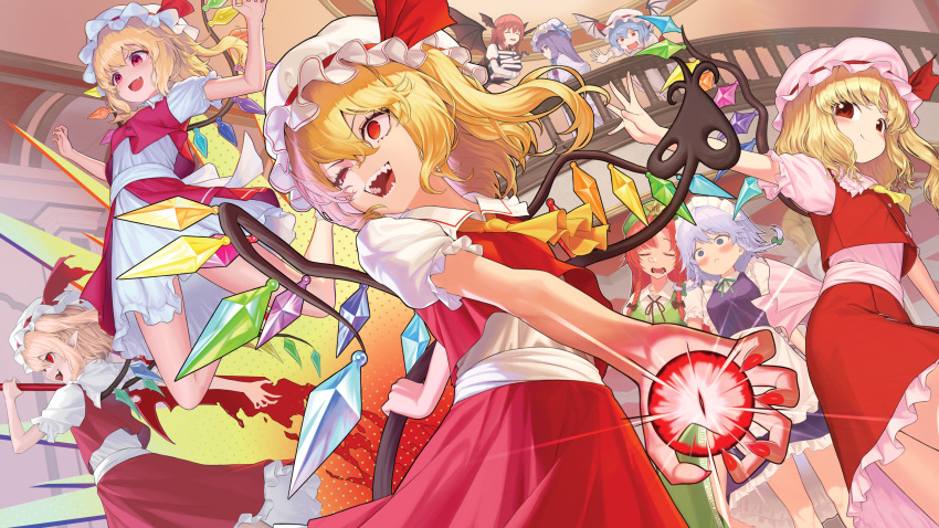 >:), 6+girls, :<, :d, ^_^, absurdres, apron, arms_up