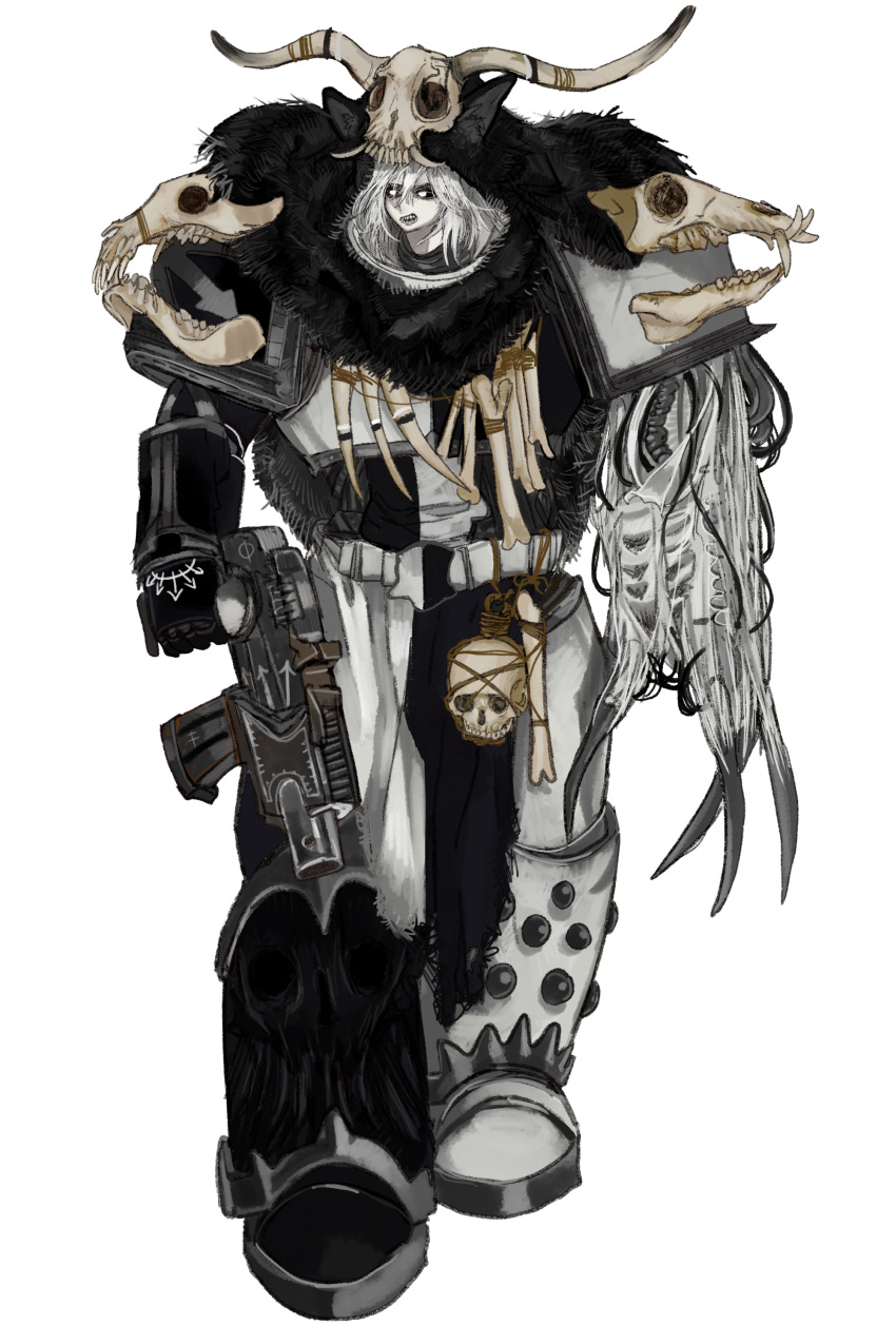 1girl, absurdres, adeptus_astartes, armor, bolter, breastplate, capelet, chaos_(warhammer), chaos_space_marine, claws, fur_capelet, gauntlets, genderswap, genderswap_(mtf), gun, highres, holding, holding_gun, holding_weapon, kkghost_tv, leg_armor, malice_(cult), pale_skin, pauldrons, power_armor, sharp_teeth, shoulder_armor, single_gauntlet, skull, skull_on_head, sons_of_malice, teeth, warhammer_40k, weapon, white_background, white_eyes, white_hair