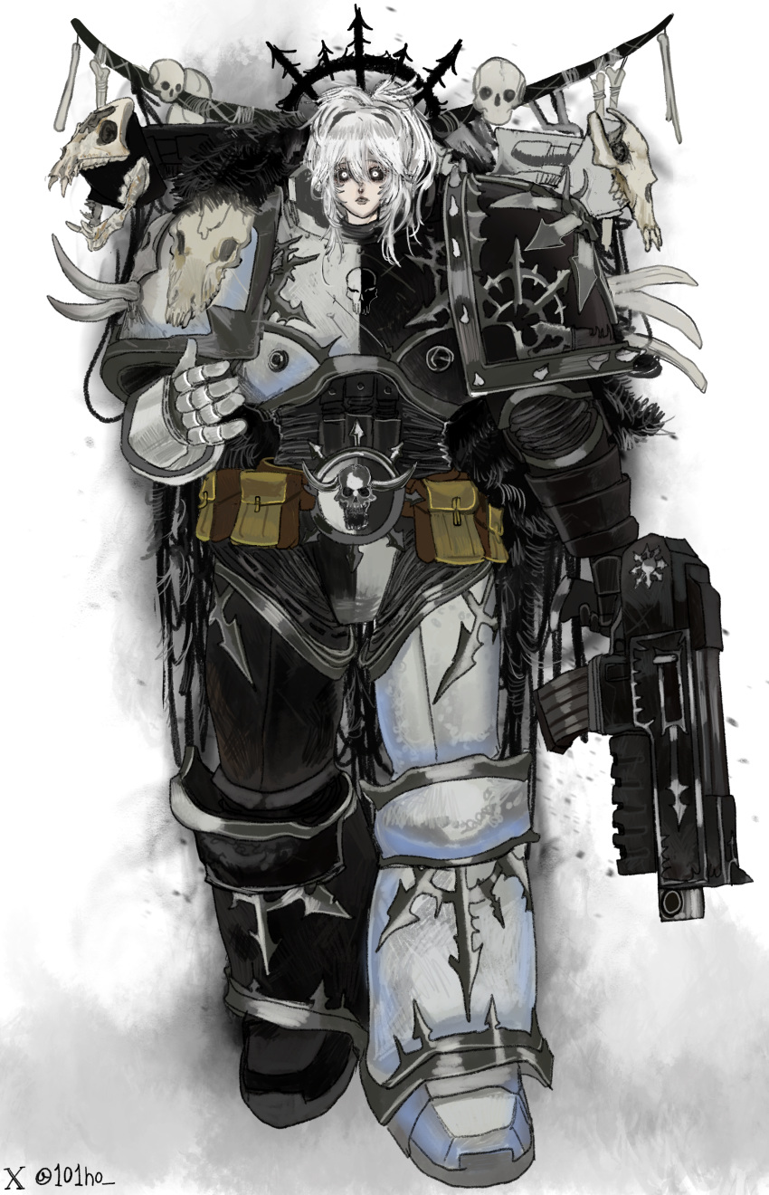 1girl, absurdres, adeptus_astartes, armor, black_armor, black_sclera, bolter, breastplate