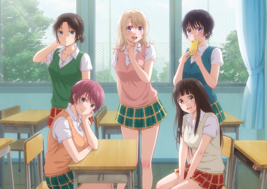 5girls, :d, aqua_curtains, aqua_sweater_vest, arched_bangs, arm_at_side, arm_behind_back, arm_on_table