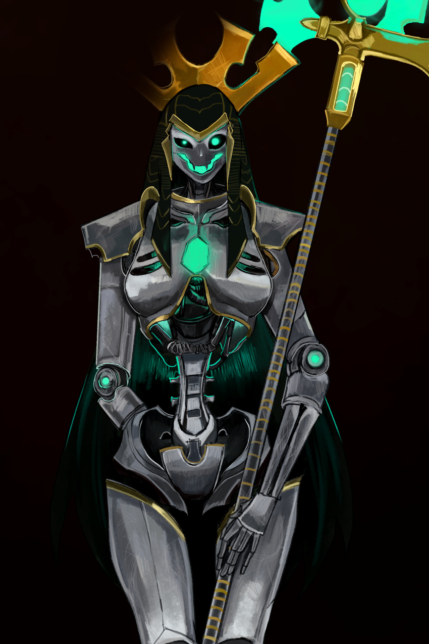 1girl, absurdres, borrowed_character, cape, chest_jewel, cowboy_shot, facepaint, fang, glowing, glowing_eyes, glowing_mouth, gold_headdress, gold_trim, green_cape, green_eyes, highres, humanoid_robot, kkghost_tv, looking_at_viewer, mechanical_spine, necron, open_mouth, pharaekh_bahiti_of_the_paskareth_dynasty, robot, solo, warhammer_40k