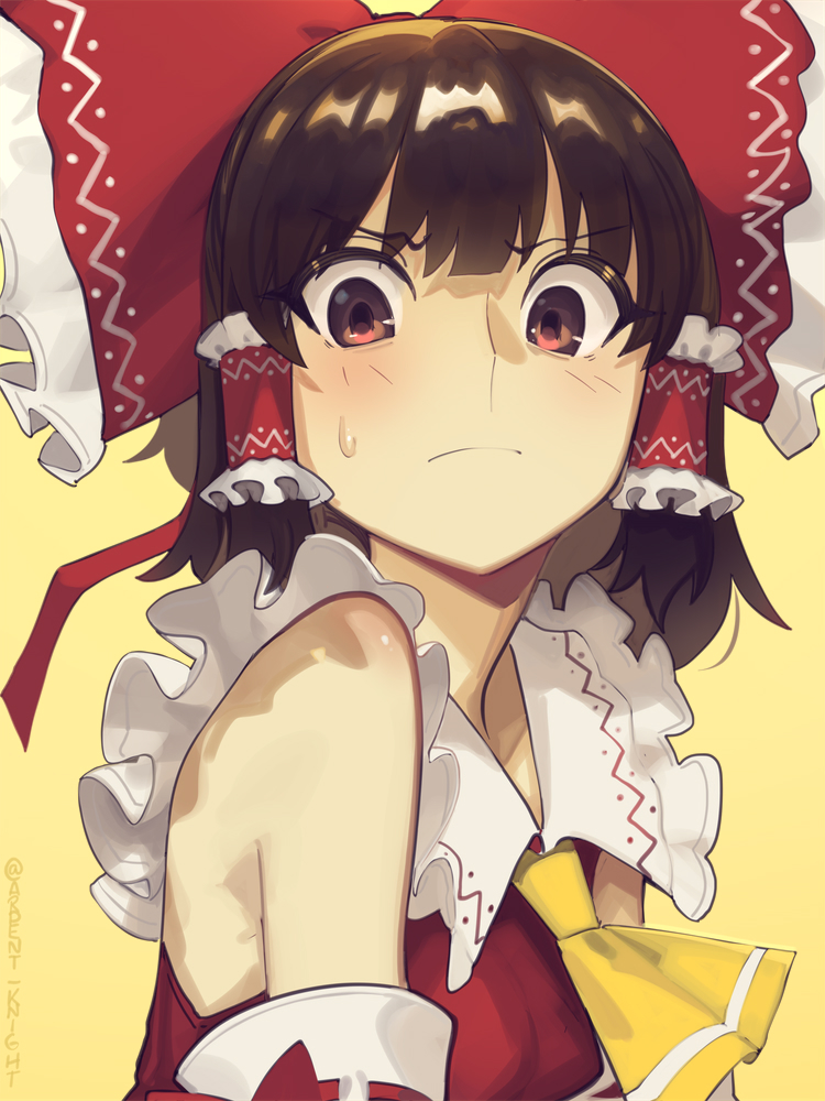 1girl, ascot, boa_(brianoa), bow, brown_eyes, brown_hair, frilled_bow, frilled_hair_tubes, frills, hair_bow, hair_tubes, hakurei_reimu, red_bow, red_eyes, shame, short_hair, sleeveless, solo, touhou, v-shaped_eyebrows, yellow_ascot