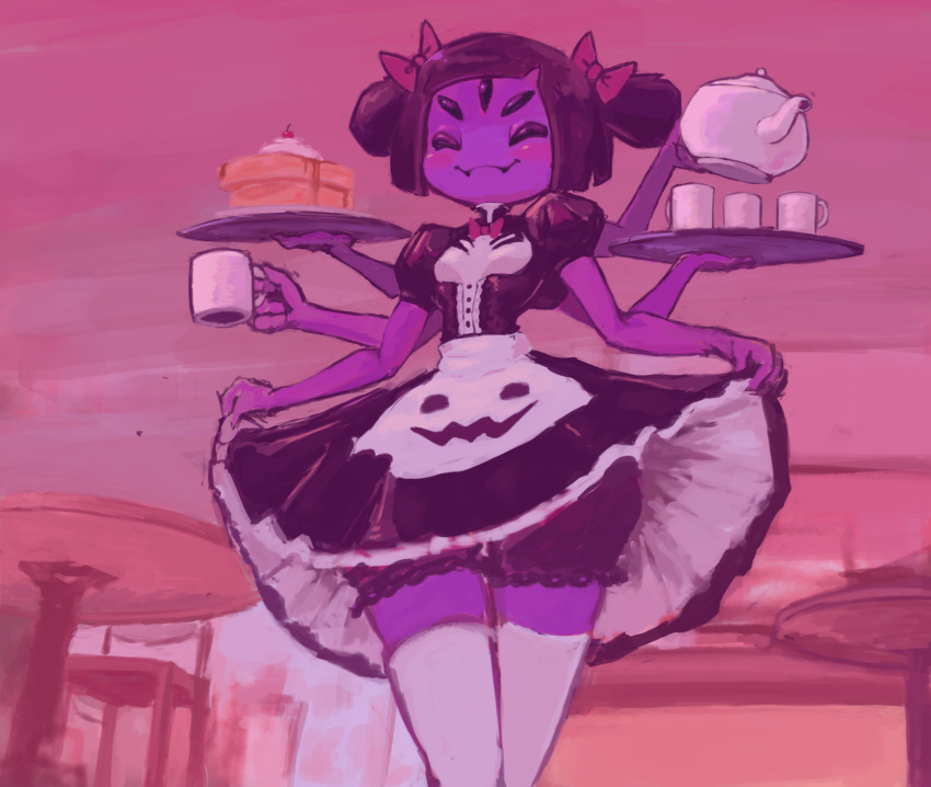 6_arms, bow, bug, colored_skin, cup, curtsey, food, highres, leggings, looking_down, maid, muffet, null_skull, pancake, purple_skin, red_bow, smile, spider, table, teapot, undertale, waitress, white_leggings