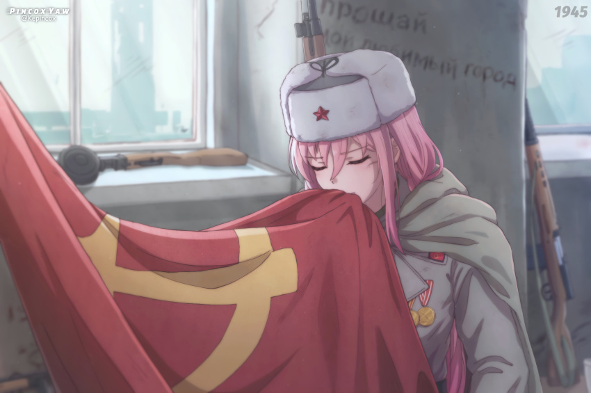 1girl, absurdres, cloak, closed_eyes, flag, gun, highres, kepincox