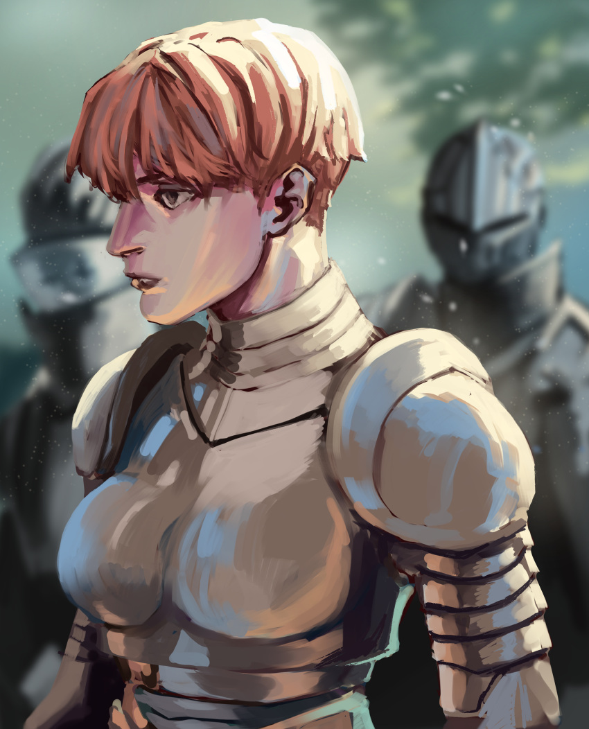 1girl, 2others, absurdres, armor, blurry, blurry_background, boobplate, breasts