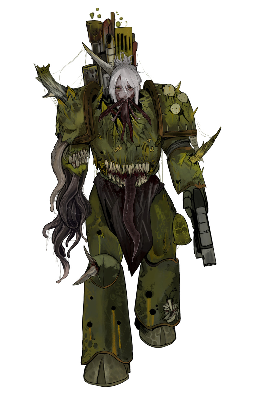 1girl, absurdres, adeptus_astartes, armor, body_horror, bolter, breastplate, chaos_(warhammer)