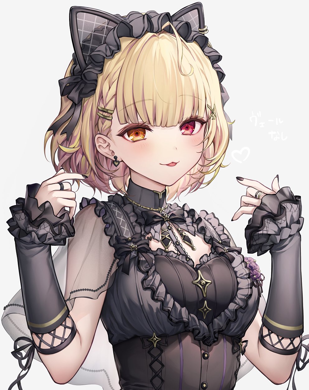 1girl, =_hair_ornament, animal_ear_piercing, animal_ears, black_bow, black_bowtie, black_corset, black_dress