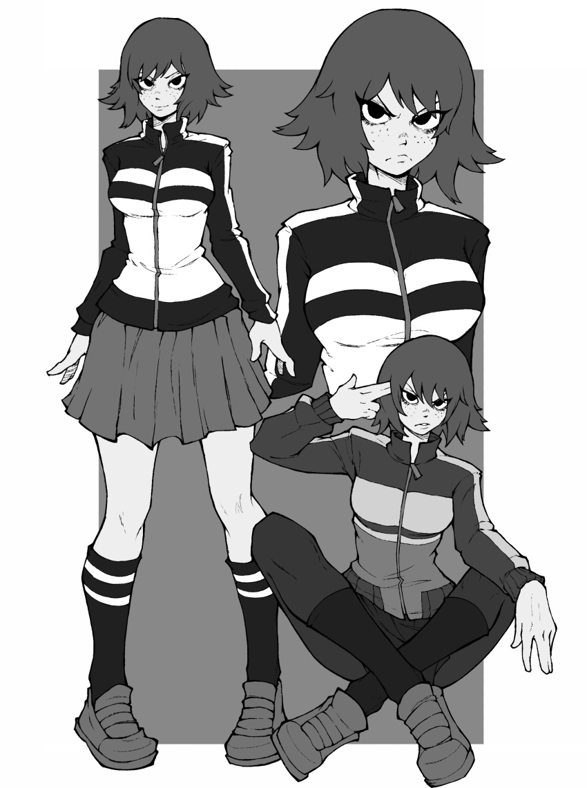 1girl, absurdres, animification, bob_cut, finger_gun, finger_gun_to_head, freckles, full_body