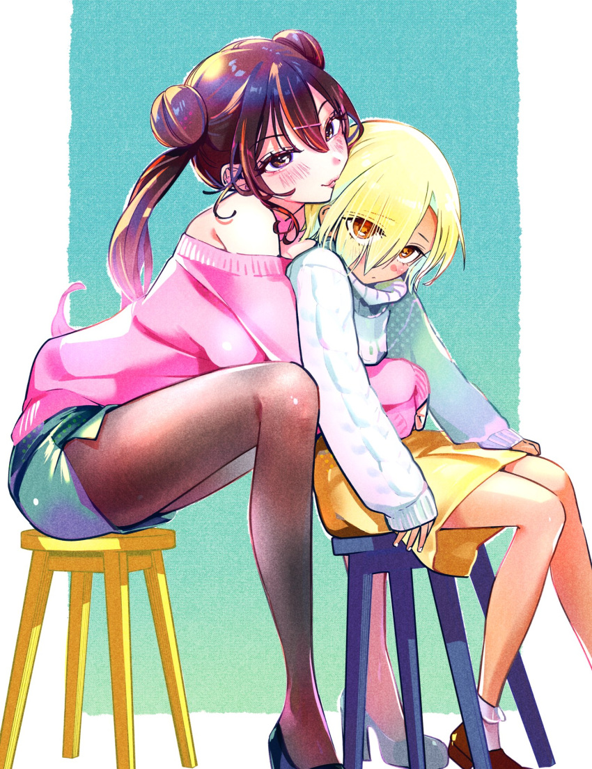 2girls, aqua_background, black_footwear, blonde_hair, blue_sweater, blush, brown_eyes, brown_footwear, brown_hair, brown_pantyhose, cardigan, commentary_request, double_bun, eyes_visible_through_hair, from_side, green_skirt, hair_between_eyes, hair_bun, highres, hug, hug_from_behind, kabaya_yumiko, kakunaru_ue_wa, long_hair, looking_at_viewer, miyamoto_niina, multiple_girls, off_shoulder, on_stool, orange_eyes, pantyhose, pink_cardigan, short_hair, sitting, skirt, socks, sweater, tan, twintails, two-tone_background, white_background, white_socks, yellow_skirt, yuri