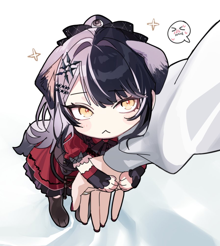 1girl, 1other, :<, animal_ears, black_hair, black_ribbon, chibi, closed_mouth