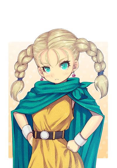 belt, bianca, blonde_hair, bracelet, braid, cape, child, dragon_quest, dragon_quest_v, earrings, hands_on_hips, jewelry, loli_bianca, mahito, twin_braids, young