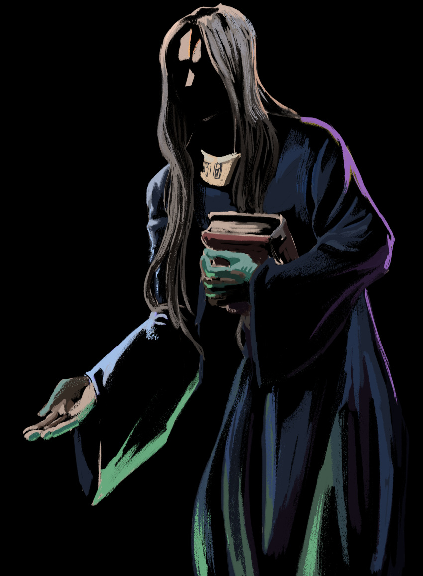 1boy, absurdres, backlighting, black_background, black_robe, book, brown_hair, commentary, cowboy_shot, enki_(fear_&amp;_hunger), fear_&amp;_hunger_(series), fear_&amp;_hunger_1, highres, holding, holding_book, hugging_book, hugging_object, long_hair, long_sleeves, male_focus, outstretched_hand, psognat, robe, shade, simple_background, solo, standing