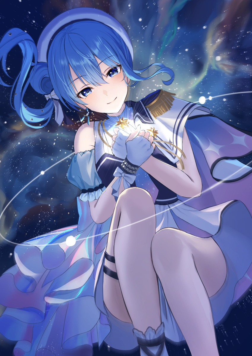 1girl, absurdres, beret, blue_eyes, blue_hair, blue_ribbon, blue_shirt, cape