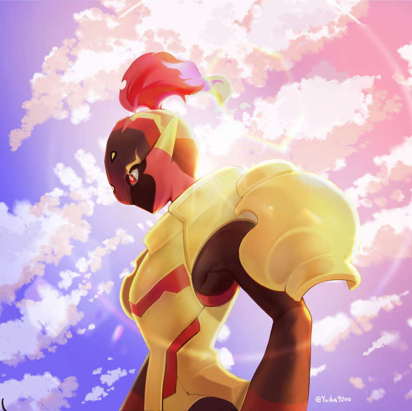 1other, absurdres, armarouge, armor, armpits, artist_name, black_helmet, black_skin, blue_sky, breastplate, clouds, colored_skin, commentary, day, eye_trail, fiery_hair, from_side, helmet, high_ponytail, highres, lens_flare, light_trail, multicolored_skin, no_mouth, other_focus, outdoors, pokemon, pokemon_(creature), ponytail, profile, red_eyes, red_hair, red_skin, short_hair, shoulder_armor, signature, sky, solo, standing, twitter_username, two-tone_skin, upper_body, yellow_armor, yuii_(yuika9200)