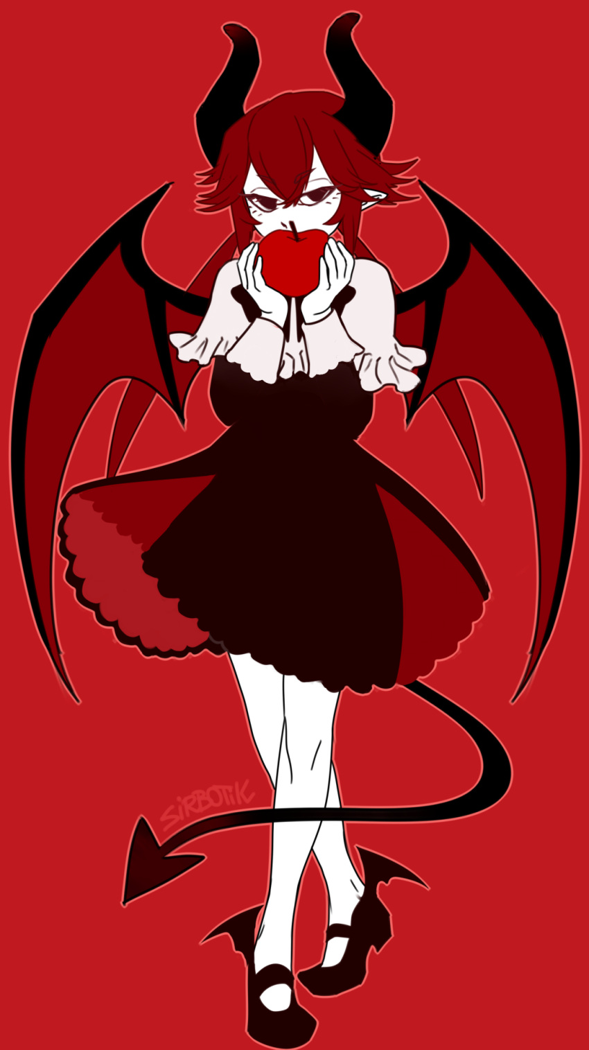 1girl, black_dress, demon_girl, demon_horns, demon_tail, demon_wings, dialo_(funamusea), dress, funamusea, haiiro_teien, highres, horns, mary_janes, pantyhose, red_hair, shoes, sirbotik, solo, tail, white_pantyhose, wings