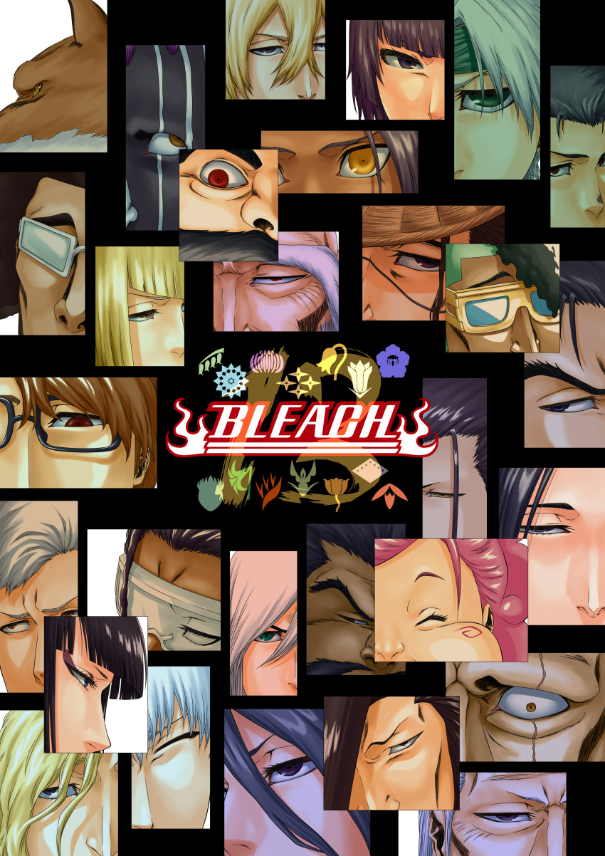 5girls, 6+boys, absurdres, aikawa_love, aizen_sousuke, azashiro_souya, black-framed_eyewear, black_hair, bleach, bleach:_sennen_kessen-hen, bleach:_spirits_are_forever_with_you, bleachist, blonde_hair, brown_hair, close-up, closed_eyes, commentary_request, copyright_name, dark-skinned_male, dark_skin, eyebrows_hidden_by_hair, eyelashes, facial_hair, facial_mark, glasses, green_eyes, grey_hair, hair_between_eyes, highres, hikifune_kirio, hirako_shinji, hitsugaya_toushirou, hyousube_ichibei, ichimaru_gin, kirinji_tenjirou, komamura_sajin, kubo_tite_(style), kuchiki_byakuya, kuchiki_ginrei, kurosaki_isshin, kurotsuchi_mayuri, kuruyashiki_kenpachi, kyouraku_shunsui, looking_at_viewer, makeup, muguruma_kensei, multiple_boys, multiple_girls, mustache, nimaiya_ouetsu, official_style, old, old_man, ootoribashi_roujuurou, red_eyes, rolling_eyes, shihouin_yoruichi, shutara_senjumaru, sui-feng, sunglasses, thick_eyebrows, tousen_kaname, trait_connection, tsurime, ukitake_juushirou, unohana_retsu, urahara_kisuke, v-shaped_eyebrows, wide-eyed, yamamoto-genryuusai_shigekuni, yellow_eyes, zaraki_kenpachi