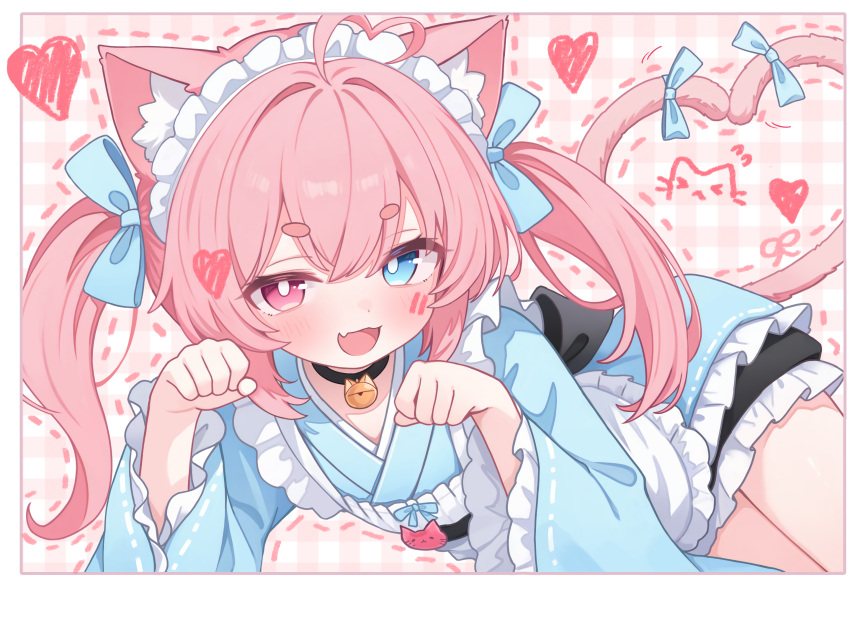 1girl, animal_ears, apron, bell, black_choker, blue_bow, blue_eyes, blue_kimono