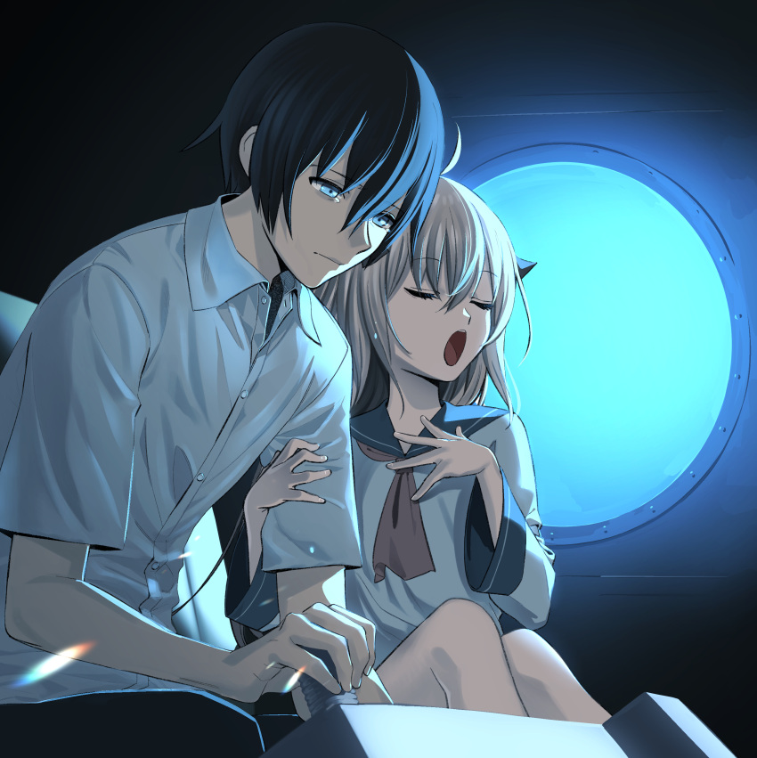 1boy, 1girl, :o, absurdres, ahoge, arm_hug, ascot, atri
