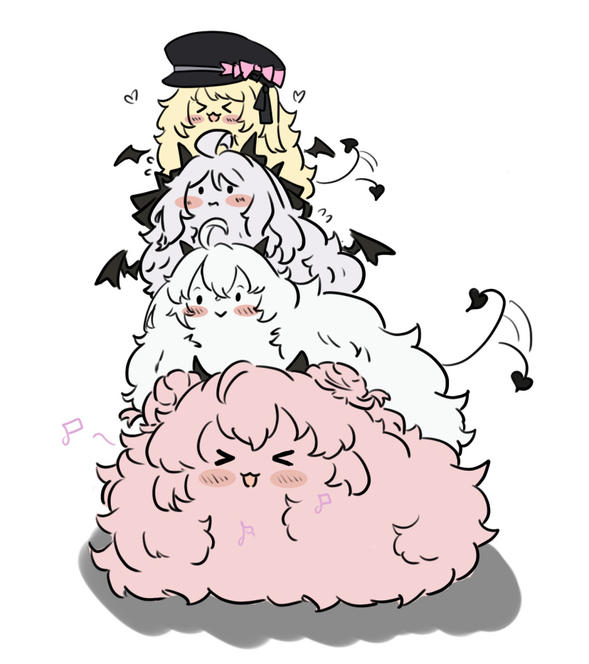 >_<, 4girls, :>, black_hat, black_horns, black_tail, black_wings, blonde_hair