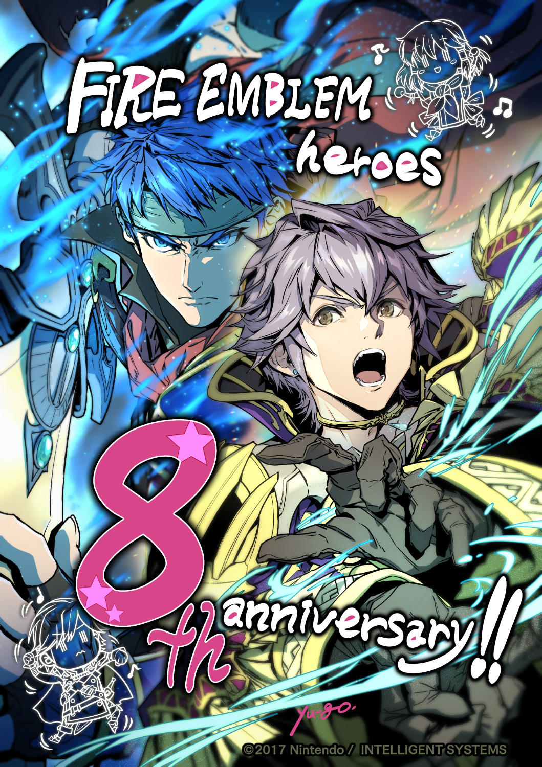 2boys, anniversary, blue_aura, blue_eyes, blue_hair, cape, chrom_(fire_emblem), company_name