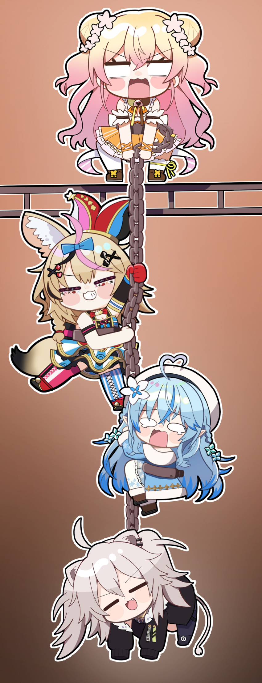 4girls, :d, =_=, absurdres, ahoge, animal_ear_fluff, animal_ears, asymmetrical_legwear