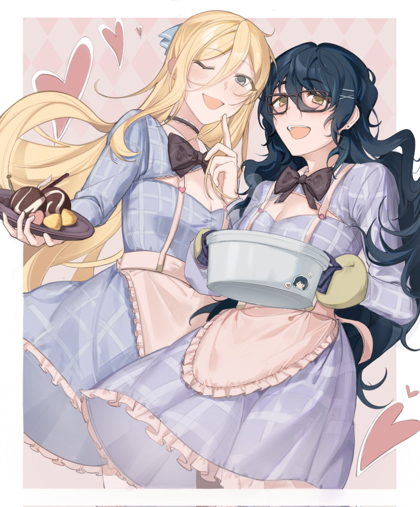 2girls, aoba_tsumugi, apron, argyle_background, black_bow, blonde_hair, blue_dress, blue_hair