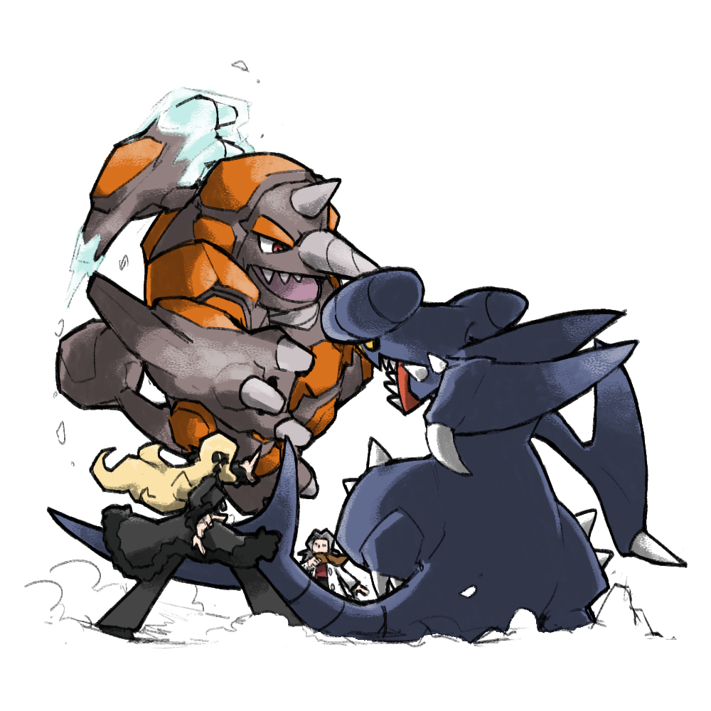 2girls, bertha_(pokemon), black_footwear, black_jacket, black_pants, black_sclera, blacknirrow, blonde_hair