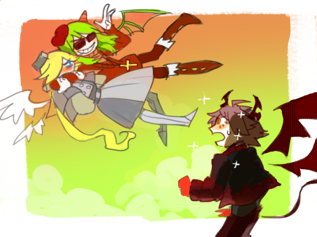 1boy, 2girls, angel_wings, blonde_hair, blush, demon_boy, demon_girl, demon_horns