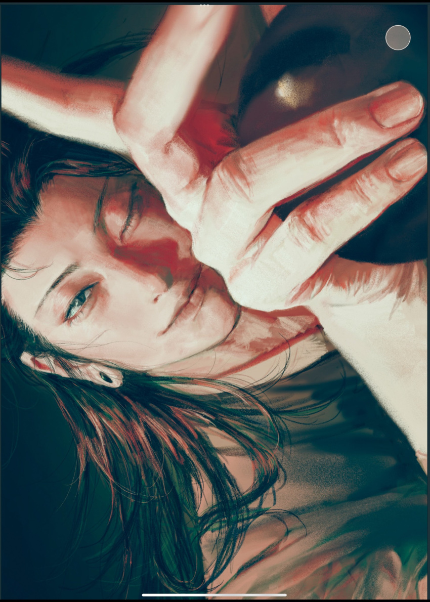 1boy, absurdres, aegyo_sal, black_eyes, black_hair, black_shirt, close-up, closed_mouth, dark_background, ear_piercing, fingernails, getou_suguru, hair_slicked_back, head_tilt, highres, holding, index_finger_raised, jujutsu_kaisen, looking_at_viewer, male_focus, medium_hair, oct_61396020, one_eye_closed, piercing, reaching, reaching_towards_viewer, shirt, sidelighting, sideways, simple_background, smile, tsurime