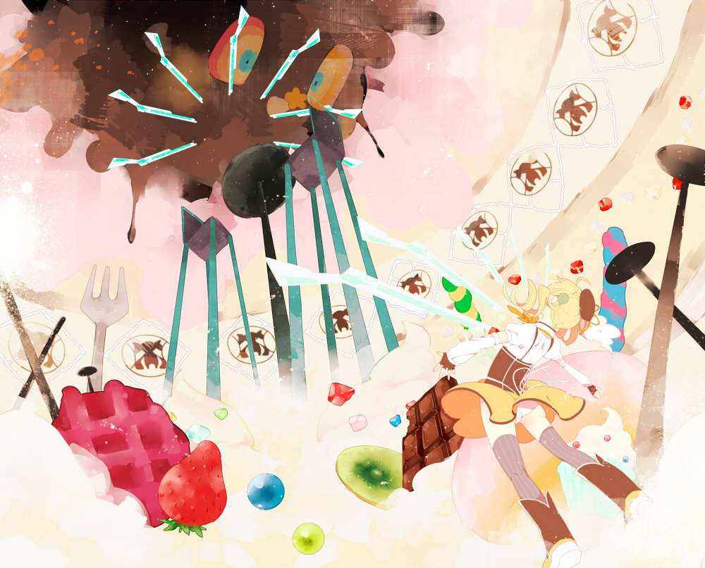 artist_request, beret, blonde_hair, boots, brown_legwear, chair, charlotte_(madoka_magica), detached_sleeves