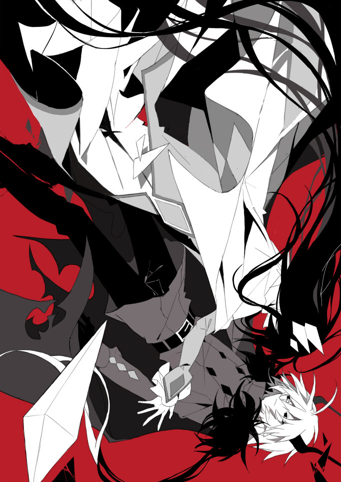 1boy, 1girl, black_hair, black_pants, demon_boy, demon_horns, diamond_(gemstone), dress