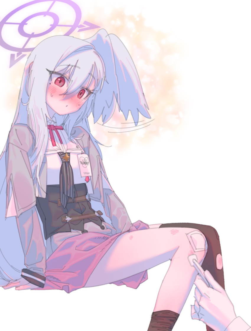 1girl, bandaid, black_thighhighs, blue_archive, blush, bruise_on_leg, commentary_request, grey_hair