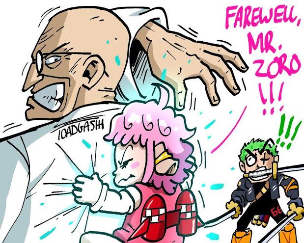 1girl, bald, ethan-baron_v._nusjuro, ethanbaron_v._nusjuro, multiple_boys, one_piece, roronoa_zoro, toadgashi