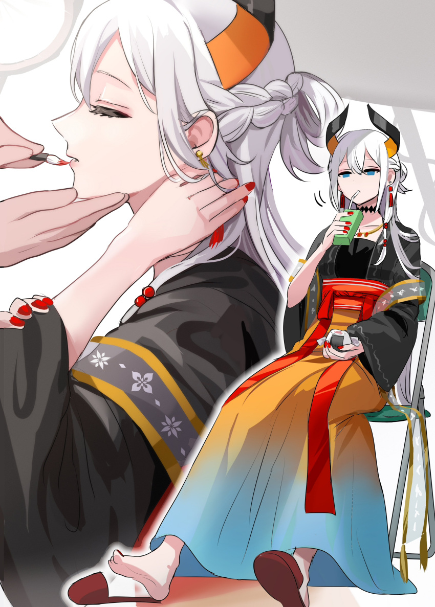1girl, 1other, absurdres, black_horns, blue_eyes, braid, closed_eyes, curled_horns