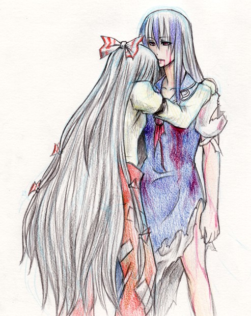 blood, colored_pencil_(medium), from_behind, fujiwara_no_mokou, hug, kamishirasawa_keine, multiple_girls, no_hat, no_headwear, take_(pixiv), take_(takemikazuchi), torn_clothes, touhou, traditional_media