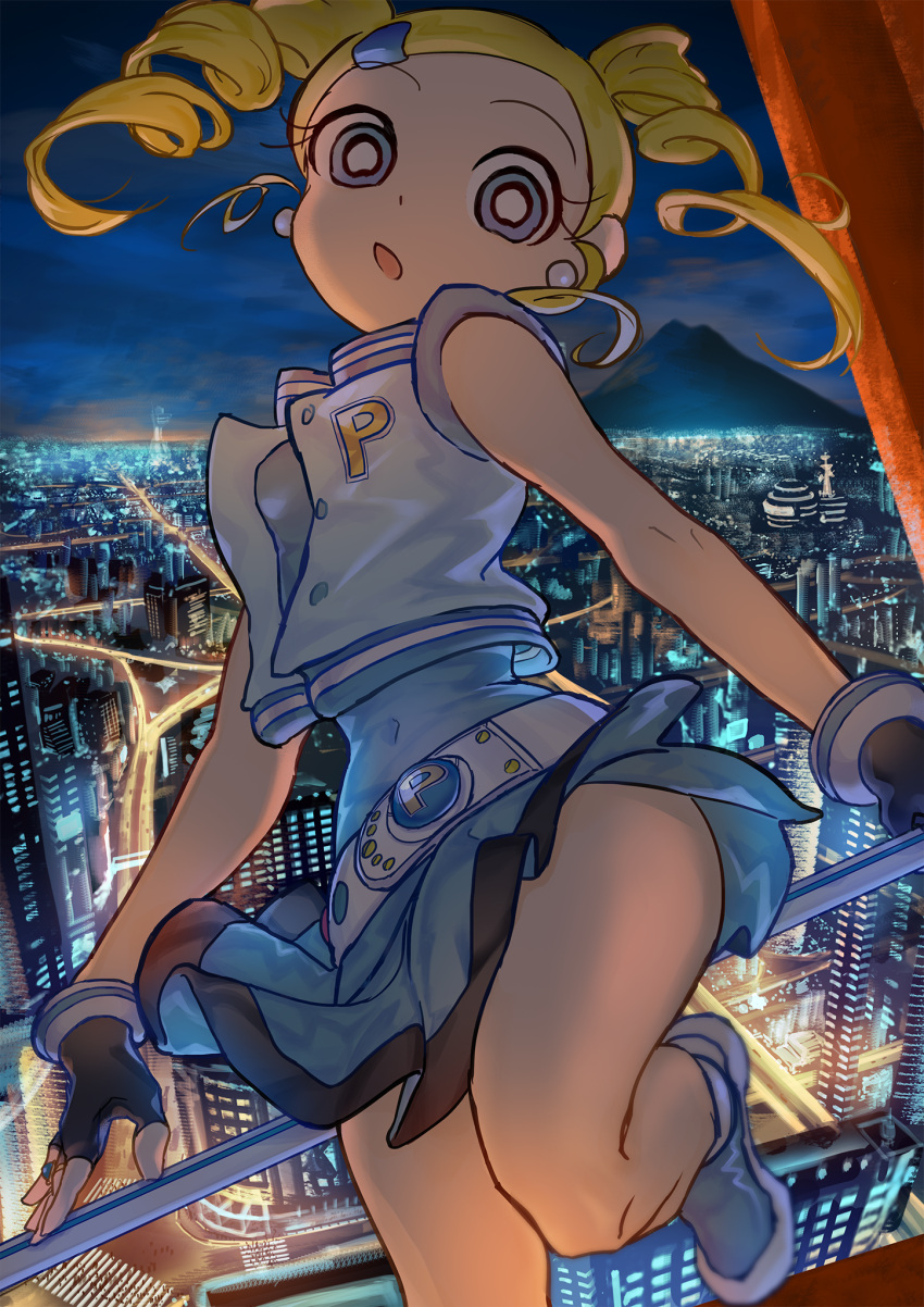 1girl, belt, blonde_hair, blue_eyes, blue_footwear, cityscape, drill_hair, fingerless_gloves