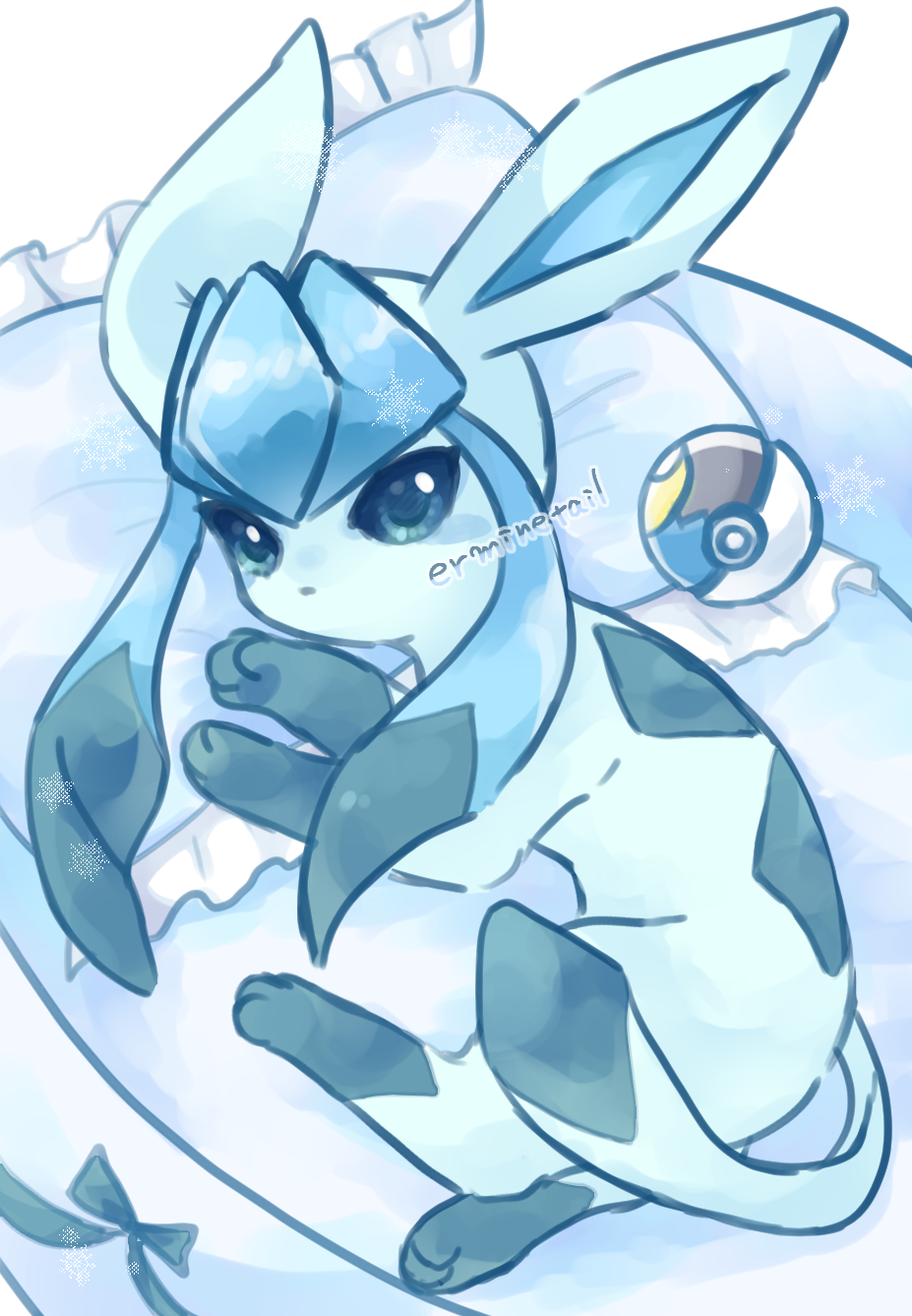 animal_focus, artist_name, bed, blush, commentary_request, erminetail, glaceon, highres