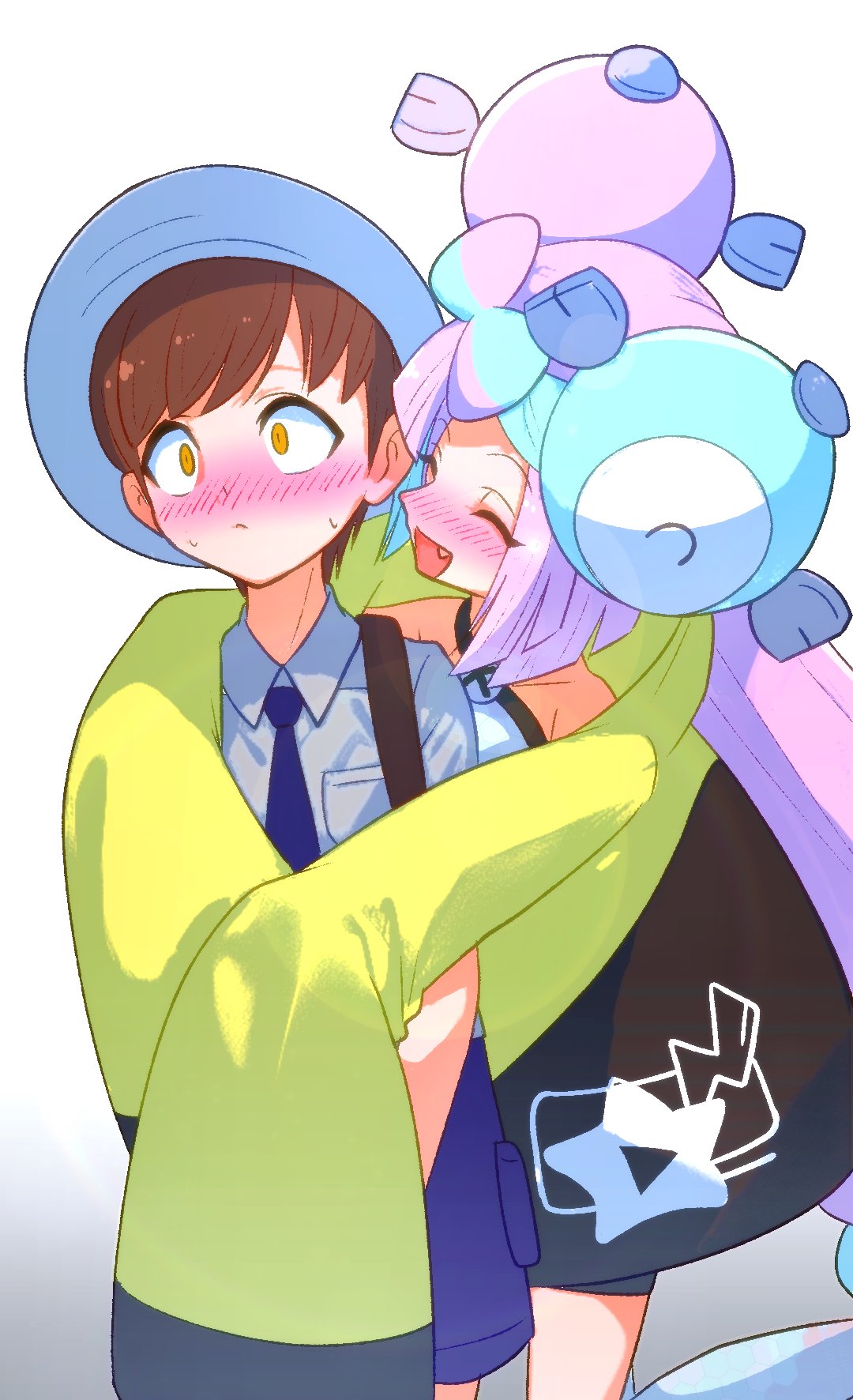 1boy, 1girl, blue_hair, blush, bow-shaped_hair, brown_eyes, brown_hair, character_hair_ornament
