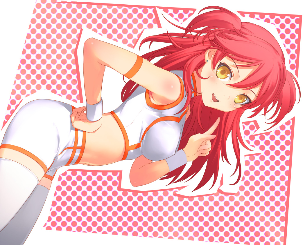 :d, blush, breasts, freckles, gundam, gundam_00, index_finger_raised, long_hair