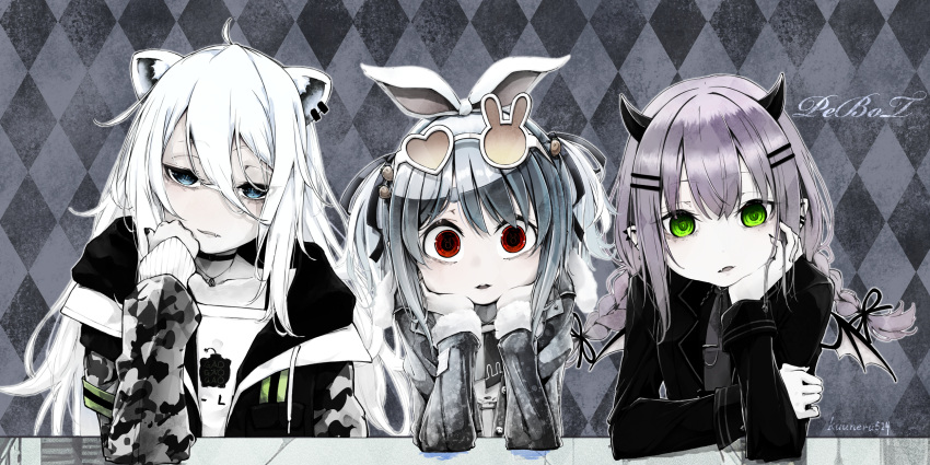 3girls, ahoge, animal_ear_piercing, animal_ears, artist_name, asymmetrical_eyewear, bags_under_eyes, black_choker