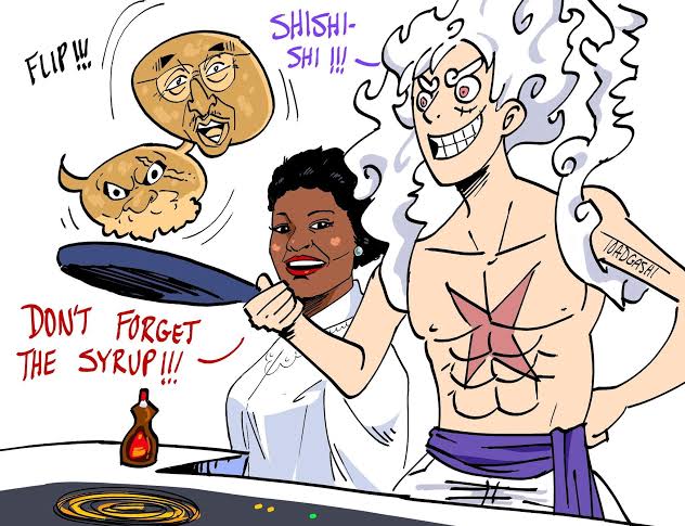 1boy, 1girl, aunt_jemima, borsalino_(kizaru), jaygarcia_saturn, monkey_d._luffy, monkey_d_luffy, one_piece, pancake, pun, toadgashi